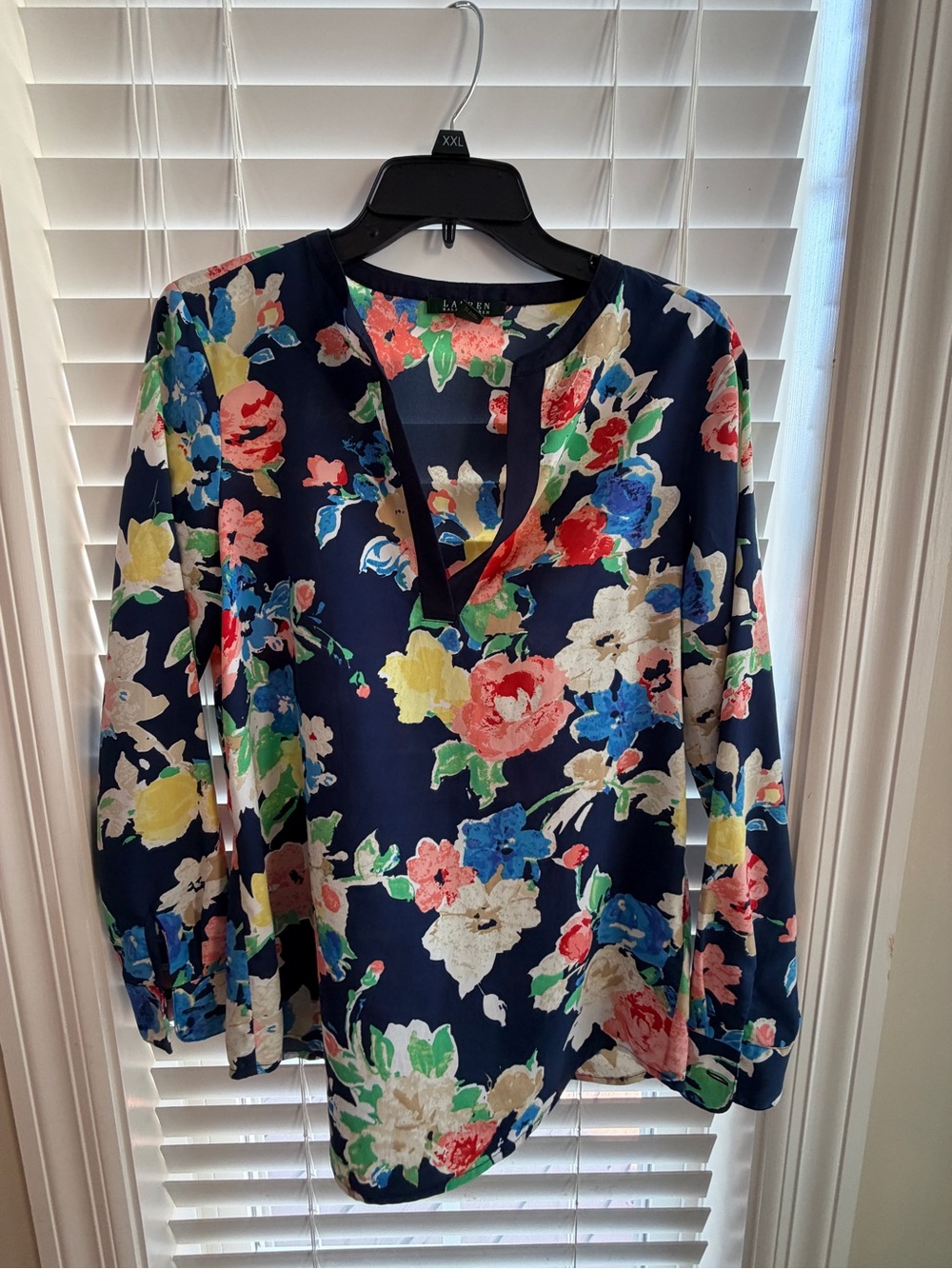 Ralph Lauren Navy Floral Split-Neck Blouse